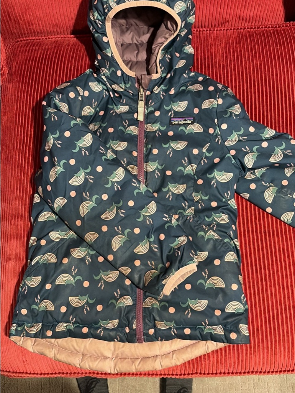 Patagonia Kids Puffer Jacket in Teal with Pink and Cream Accents